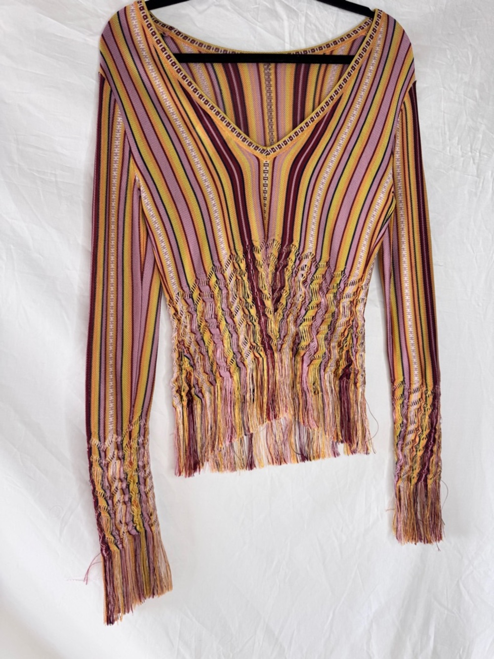 Christian Dior by John Galliano Vintage Striped Fringe V-Neck Long Sleeve Top - Picture 7 of 14